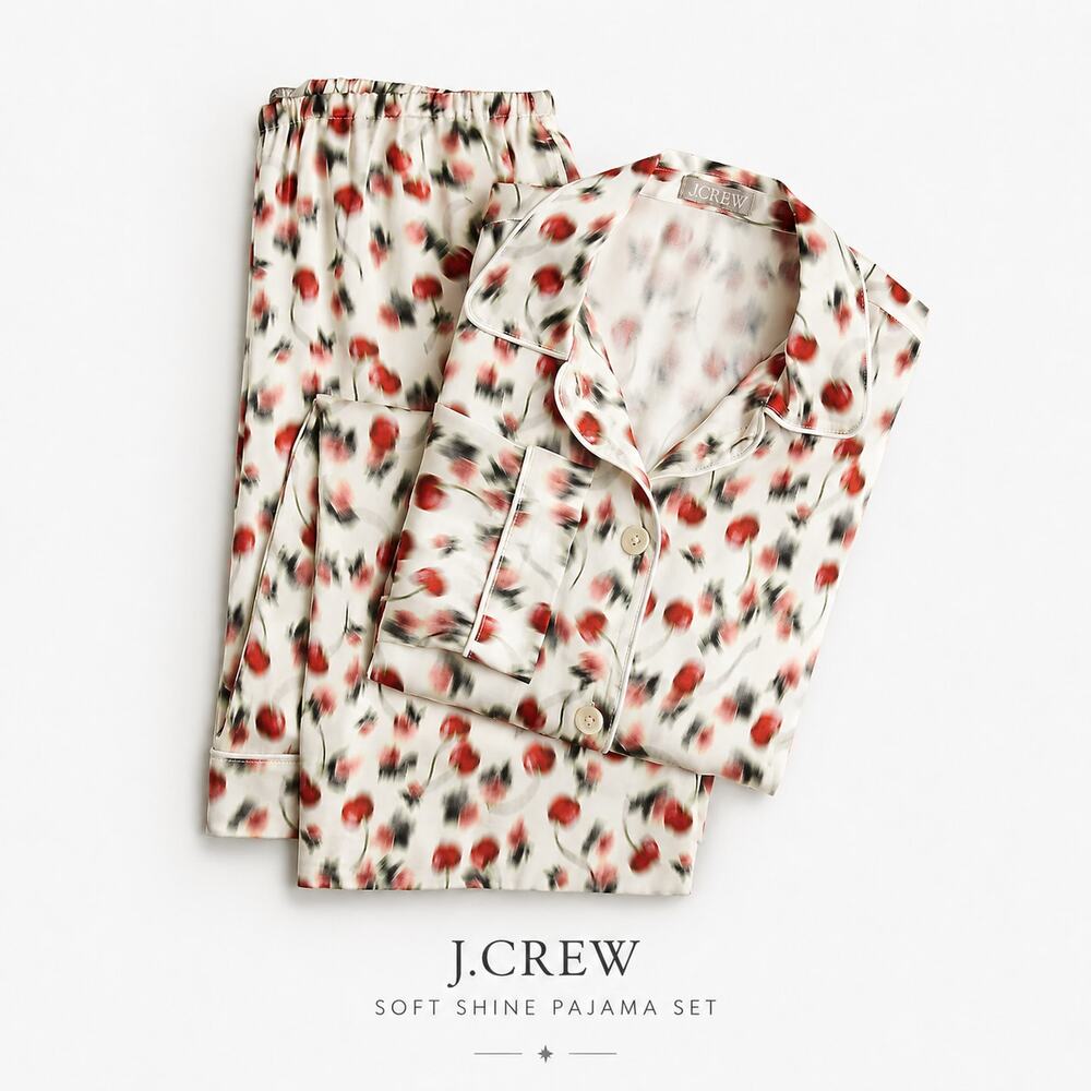 J.Crew Soft Shine Cherry Print Pajama Set Womens Medium Satin Sleepwear